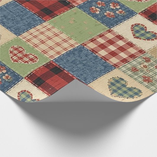 Papier Cadeau Motif de pique-nique Cœurs Patchwork Rustique (5) (Coin)