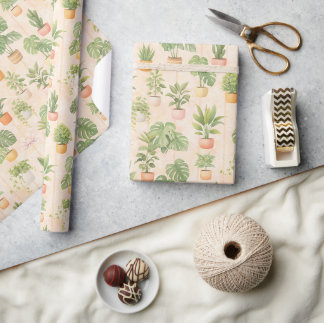 Papier Cadeau Motif de plante d'intérieur à l'aquarelle avec pot