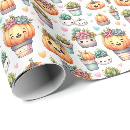 Papier Cadeau Motif de Planteur Succulent Citrouille mignon (Coin rond)