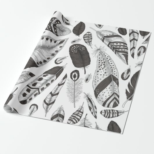 Papier Cadeau Motif de plumes noir et blanc (Déroulé)