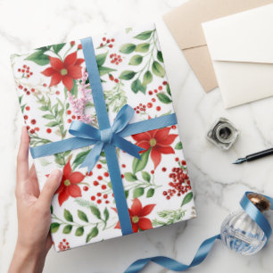 Papier Cadeau Motif de Poinsettia pour Noël avec une ambiance tr