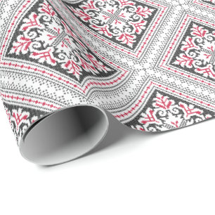 Papier Cadeau Motif de point de croix. Décor ethnique rouge et n