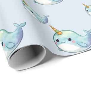 Papier Cadeau Motif de poisson narval mignon aquarelle sous la m