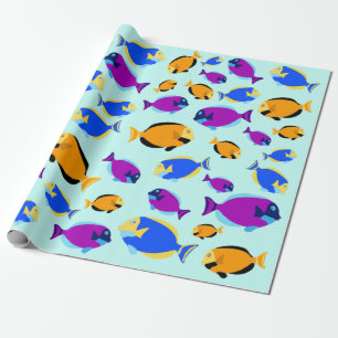Papier Cadeau Motif de poissons tropicaux colorés en Mer Bleue