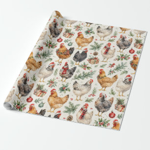 Papier Cadeau Motif de poulet de Noël à l'aquarelle Fêtes de fin