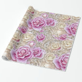 Papier Cadeau Motif De Roses Rose Et Blanc 3-D Glamour (Déroulé)