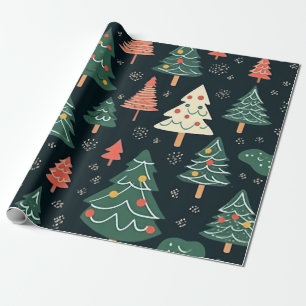 Papier Cadeau Motif de sapin de Noël vert et corail festif