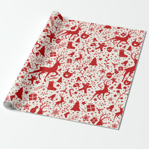 Papier Cadeau Motif de silhouette de renne de Noël rouge et blan