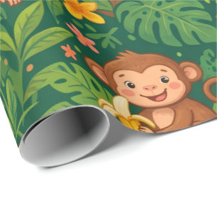 Papier Cadeau Motif de singes de jungle mignons aux bananes
