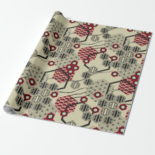 Papier Cadeau motif de style asiatique hexagone rouge et noir