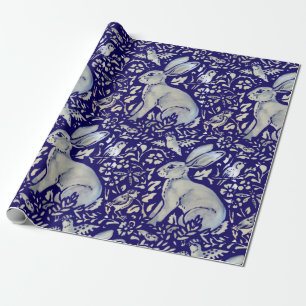 Papier Cadeau Motif de style Morris d'oiseaux de lapin bleu comp