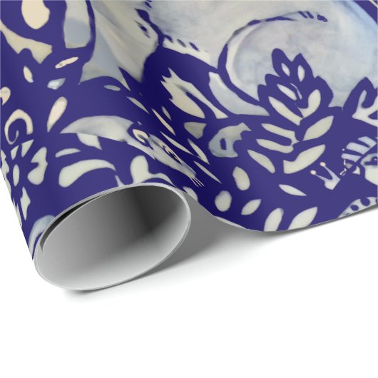 Papier Cadeau Motif de style Morris d'oiseaux de lapin bleu comp (Coin rond)