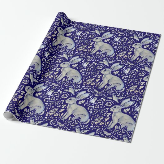 Papier Cadeau Motif de style Morris d'oiseaux de lapin bleu comp (Déroulé)