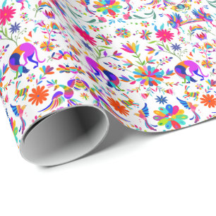 Papier Cadeau Motif de style Otomi avec Weims, lapins et oiseaux