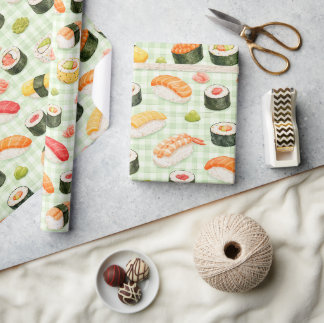 Papier Cadeau Motif de sushi sur une grille vert clair