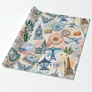 Papier Cadeau Motif de tampon de voyage du monde vintage (6)