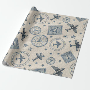 Papier Cadeau Motif de timbre de passeport d'aviation vintage (1