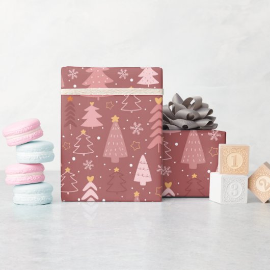 Papier Cadeau Motif de vacances d'arbre de Noël gribouillé rose (Baby Shower)
