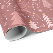 Papier Cadeau Motif de vacances d'arbre de Noël gribouillé rose (Coin rond)
