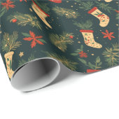 Papier Cadeau Motif de vacances de Noël de chaussette vintage (Coin rond)
