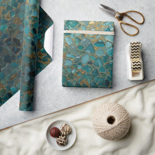 Papier Cadeau Motif de verre de mer aquarelle mosaïque or sarcel