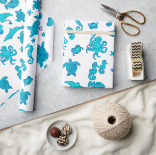 Papier Cadeau Motif de vie marine bleue sur fond blanc