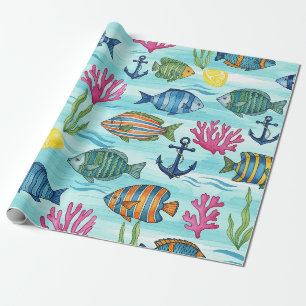 Papier Cadeau Motif de vie marine côtière coloré (3)
