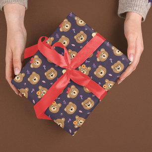 Papier Cadeau Motif de visage d'ours en peluche mignon Automne
