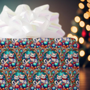 Papier Cadeau Motif de vitrail de chats de Noël colorés et migno