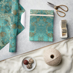 Papier Cadeau Motif d'écailles de sirène Aqua Pearlescent & Or