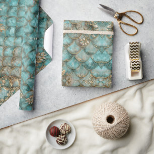 Papier Cadeau Motif d'écailles de sirène Aqua Pearlescent & Or