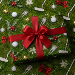 Papier Cadeau Motif d'équipement de golf de Noël sur de l'herbe