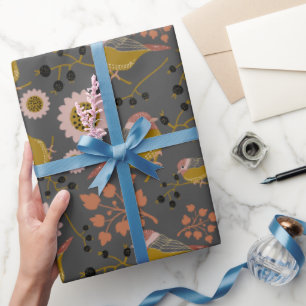 Papier Cadeau Motif des fleurs de baies noires roses de poulet