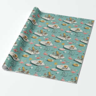 Papier Cadeau Motif d'été au bord de la piscine rétro flamant ro