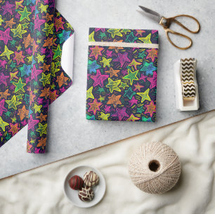 Papier Cadeau Motif d'étoile à main de Neon sur fond de minuit
