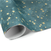 Papier Cadeau Motif d'étoile dorée ciel nocturne bleu sarcelle v (Coin rond)