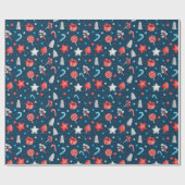 Papier Cadeau Motif d'étoiles, cadeaux, bonbons sur fond bleu (Plat)