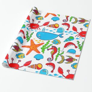 Papier Cadeau Motif d'illustration de la vie marine coloré et mi