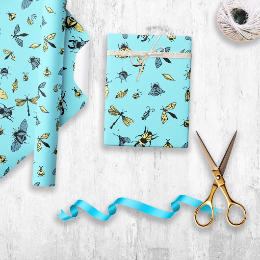 Papier Cadeau Motif d'insectes | Bleu clair