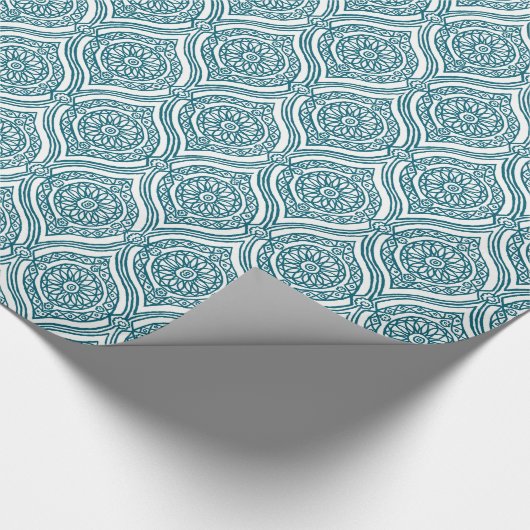 Papier Cadeau Motif d'oignon ethnique chic en Turquoise sur blan (Coin)