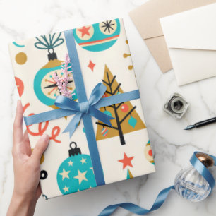 Papier Cadeau Motif d'ornements de sapins de Noël rétro atomique
