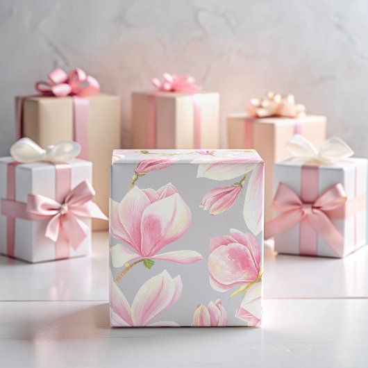 Papier Cadeau Motif élégant de fleur de magnolia rose à l'aquare