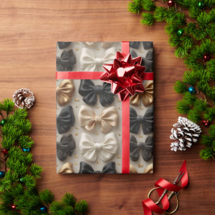 Papier Cadeau Motif élégant de nœuds en satin noir, or et blanc