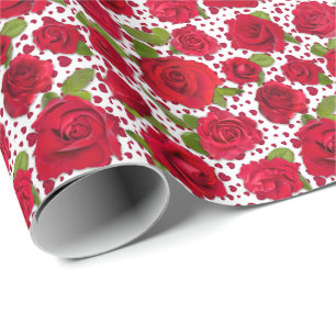 Papier Cadeau Motif Élégant de Roses Florales Rouges et Roses Fo