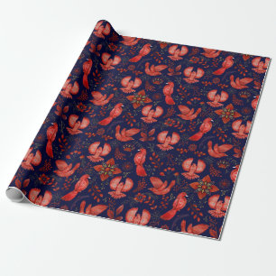 Papier Cadeau Motif Élégant d'Oiseaux Rouges, Plantes sur Fond B