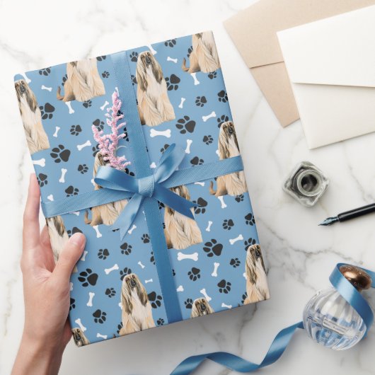 Papier Cadeau Motif Empreinte de patte afghan Hound en bleu (Cadeaux)