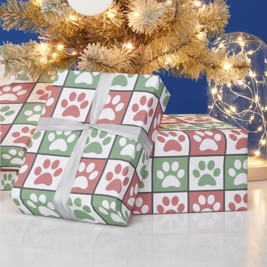 Papier Cadeau Motif Empreinte de patte de Noël rouge et vert (Vacances)