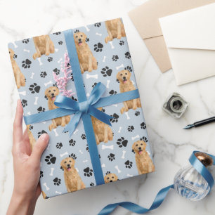 Papier Cadeau Motif Empreinte de patte Golden Retriever sur Silv