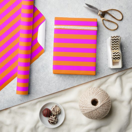 Papier Cadeau Motif en bande rose orange brillant (Artisanat)