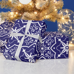 Papier Cadeau Motif en carrelage Abstrait bleu et blanc Art déco